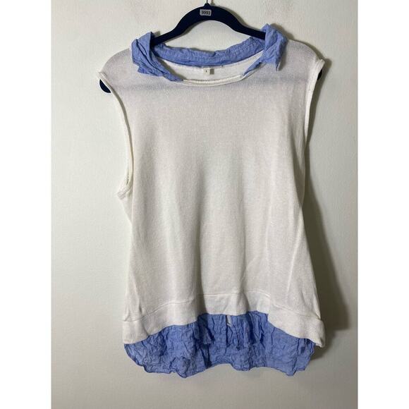 Drew Cream Sleeveless Knit Blouse With Blue Shirt Collar And Hem Sz L - Picture 1 of 3